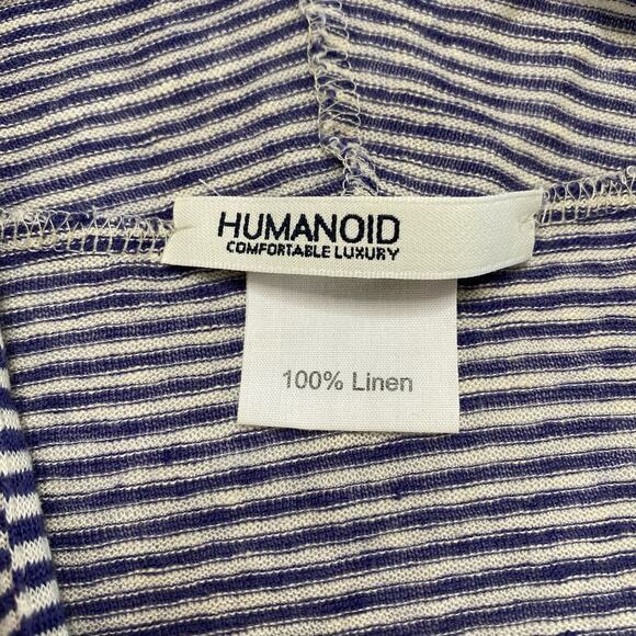 HUMANOID 100% Linen Blue White Stripe Linen Belted Top Size Small Long Sleeve - Picture 6 of 10